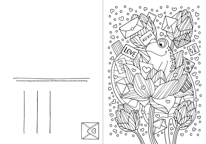 The "Happy Day Coloring Postcards" by Schiffer Publishing, Ltd. features Emelie Lidehäll Öberg’s whimsical frog among lotus flowers, envelopes, hearts, and word cards. The left side resembles a blank postcard for your creative touch.