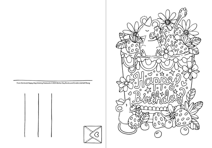 The "Happy Day Coloring Postcards" by Schiffer Publishing, Ltd. features Emelie Lidehäll Öberg’s birthday cake illustration with flowers, strawberries, and mice. The cake says Happy Birthday; the back has postcard lines and a small envelope.