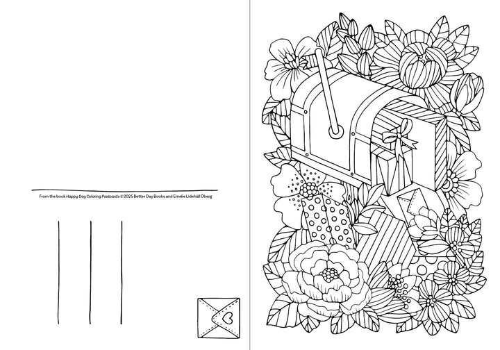 The Happy Day Coloring Postcards by Schiffer Publishing, Ltd. features a mailbox with flowers and gift boxes, plus postcard lines and a small envelope illustration—perfect for fans of coloring postcards.