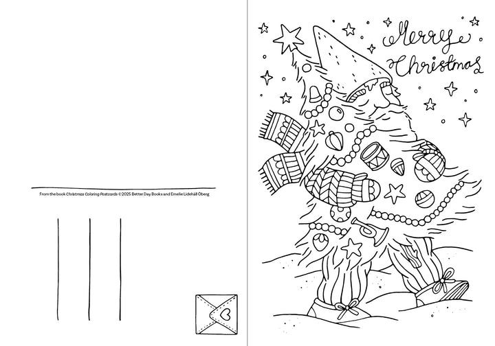Christmas Coloring Postcards by Schiffer Publishing, Ltd. feature a festive gnome in a decorated hat and scarf, surrounded by stars, ornaments, and "Merry Christmas"—perfect for coloring and sending holiday greetings.