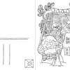 A black-and-white illustration by Emelie Lidehäll Öberg from Schiffer Publishing, Ltd.'s Christmas Coloring Postcards shows a mouse peeking from a wooden door above mushroom houses, surrounded by plants; the left is a blank postcard for holiday coloring.