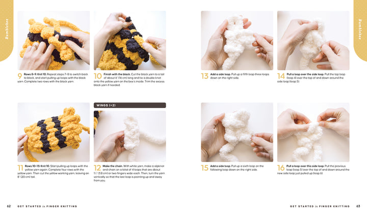 Get Started in Finger Knitting by Schiffer Publishing, Ltd. offers a photo tutorial for making a bee plush from chunky yarn—join yellow and black tubes, stuff, sew, create wings, and attach parts, with step-by-step instructions below each image.