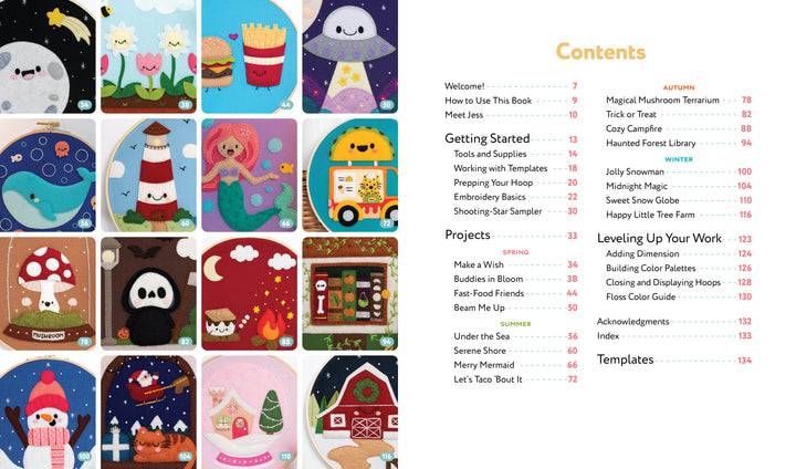 Felt Craft Fun by Schiffer Publishing, Ltd. features vibrant spreads with charming felt characters on the left and a sectioned, page-numbered step-by-step guide on the right—ideal for beginner embroidery enthusiasts.