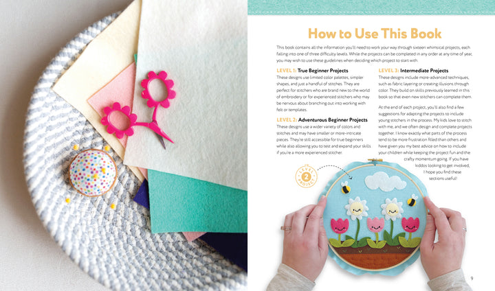 A close-up of colorful Felt Craft Fun supplies by Schiffer Publishing, Ltd.: felt sheets, pins, a felt flower, and on the right, hands hold an embroidery hoop with a cheerful felt flower scene and beginner guide above.