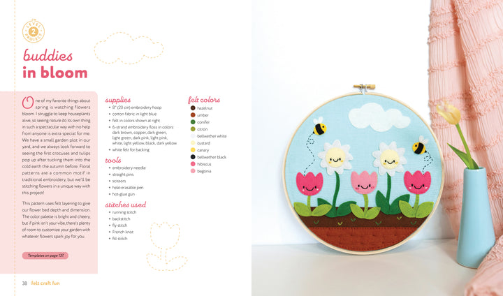 The Felt Craft Fun kit by Schiffer Publishing, Ltd. features a vibrant embroidery hoop with smiling pink, white, and yellow flowers, green leaves, bees, and clouds on a blue sky—ideal for beginners with instructions and materials list included.