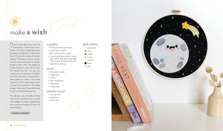 A page from "Felt Craft Fun" by Schiffer Publishing, Ltd. displays beginner embroidery steps and supplies for a felt moon. At right is a smiling felt moon with a yellow star on black fabric in a hoop, with books shown in front.