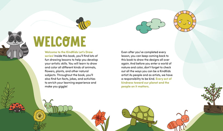 KindKids Let's Draw Nature by Schiffer Publishing, Ltd. features a cheerful welcome page with smiling animals and a sun, inviting kids to a step-by-step drawing activity book filled with nature scenes—perfect for budding young artists.