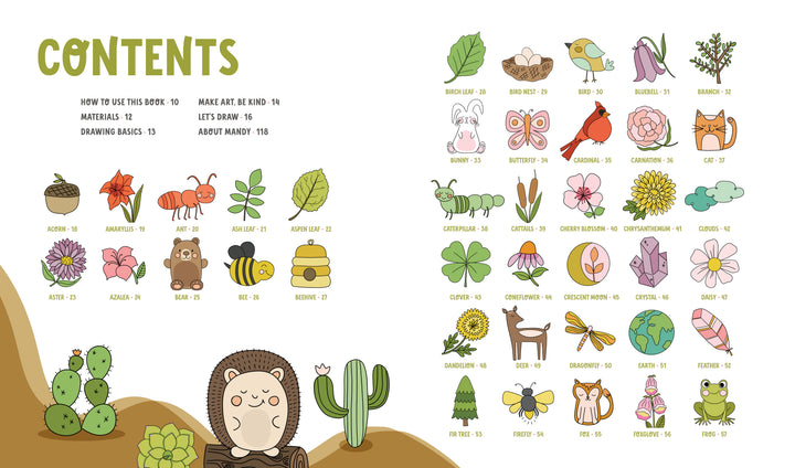 The table of contents in KindKids Let's Draw Nature by Schiffer Publishing, Ltd. features cute, colorful animal, insect, plant, and flower drawings—each paired with labeled sections to help kids draw items like an acorn, cat, bee, cactus, and owl.