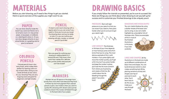 KindKids Let's Draw Nature by Schiffer Publishing, Ltd. is a colorful illustrated guide for kids with drawing lessons, tool images (paper, pencils, pens, markers), tips, and examples like an egg and feather on a decorative background.