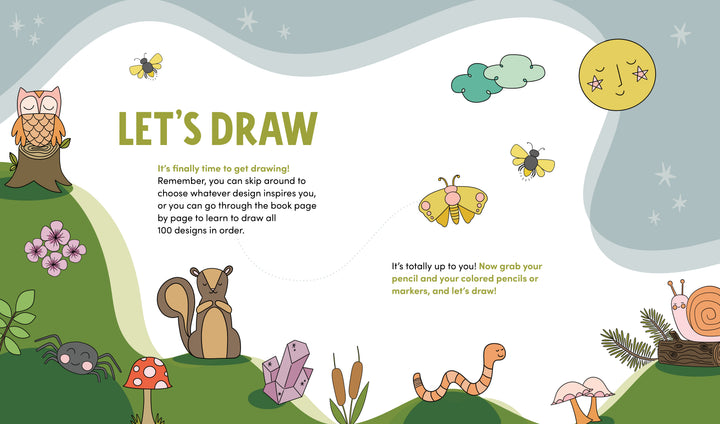 KindKids Let's Draw Nature by Schiffer Publishing, Ltd. features a vibrant green hillside with charming cartoon animals, insects, and plants—like an owl, squirrel, butterflies, snail, worm, and mushrooms—to inspire kids with step-by-step drawing fun.
