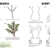KindKids Let's Draw Nature by Schiffer Publishing, Ltd. offers step-by-step instructions and simple line sketches to teach kids how to draw a tree branch with leaves and a bunny, plus a finished colored example.