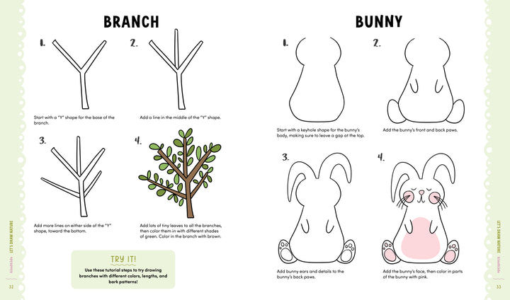 KindKids Let's Draw Nature by Schiffer Publishing, Ltd. offers step-by-step instructions and simple line sketches to teach kids how to draw a tree branch with leaves and a bunny, plus a finished colored example.