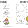 KindKids Let's Draw Nature by Schiffer Publishing, Ltd. offers a fun, step-by-step guide to drawing a coneflower and crescent moon—ideal for kids! Learn petals, leaves, coloring tips, and how to create a colorful moon inside a circle.