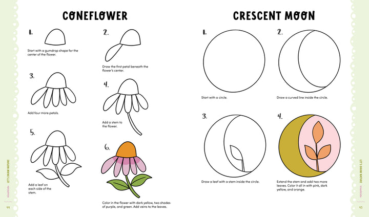 KindKids Let's Draw Nature by Schiffer Publishing, Ltd. offers a fun, step-by-step guide to drawing a coneflower and crescent moon—ideal for kids! Learn petals, leaves, coloring tips, and how to create a colorful moon inside a circle.