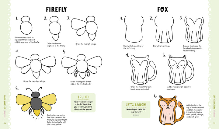 The KindKids Let's Draw Nature book by Schiffer Publishing, Ltd. features step-by-step guides to drawing a firefly and a fox, using simple numbered illustrations, brief instructions, plus tips and a joke in green boxes.