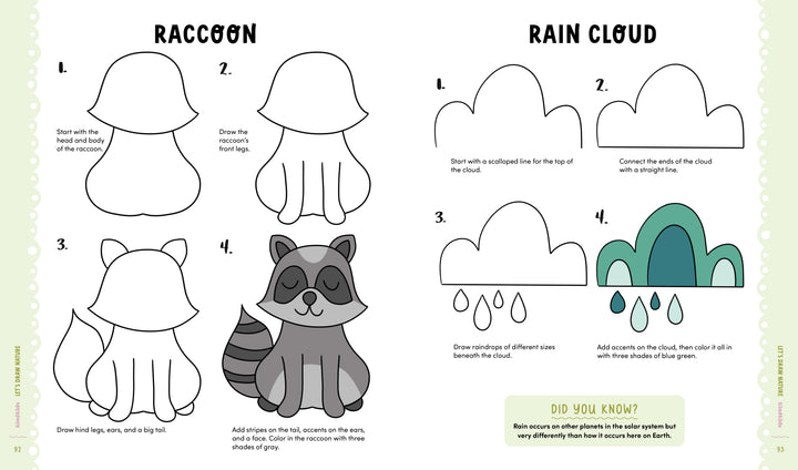 KindKids Let's Draw Nature by Schiffer Publishing, Ltd. is a kids activity book with step-by-step instructions to draw a cartoon raccoon and a rain cloud with raindrops, using easy numbered steps on each page.