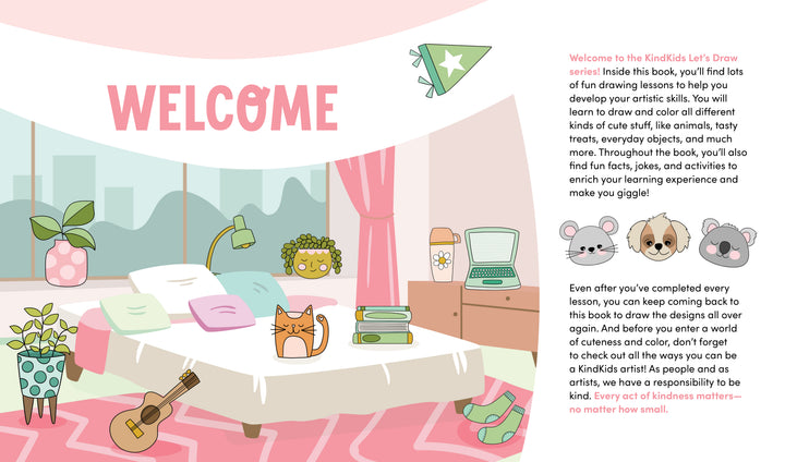 A cute pastel illustration of a cozy bedroom with fun details introduces "KindKids Let's Draw Cute Stuff" by Schiffer Publishing, Ltd.—the perfect way for kids to start their step-by-step drawing adventure!.