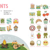 The colorful table of contents in KindKids Let's Draw Cute Stuff by Schiffer Publishing, Ltd. features cute drawings—fruit, bicycles, cakes, cameras, campfires, and musical instruments—each labeled with a page number under a pink CONTENTS title.