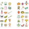 KindKids Let's Draw Cute Stuff by Schiffer Publishing, Ltd. offers 48 hand-drawn, colorful icons—animals, food, plants, stationery & more—each labeled with a name and code, ideal for cute drawing lessons or as inspiration for a kids drawing book.