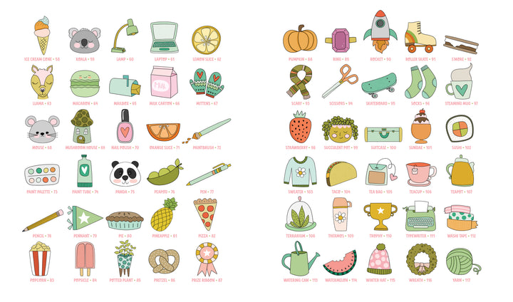 KindKids Let's Draw Cute Stuff by Schiffer Publishing, Ltd. offers 48 hand-drawn, colorful icons—animals, food, plants, stationery & more—each labeled with a name and code, ideal for cute drawing lessons or as inspiration for a kids drawing book.