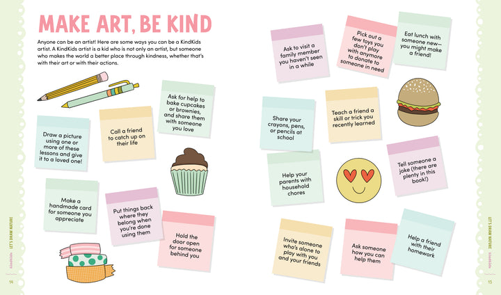 KindKids Let's Draw Cute Stuff by Schiffer Publishing, Ltd. inspires young artists with illustrated kindness ideas, fun drawing lessons, and art tips—presented on pastel sticky notes to spark creativity and thoughtful actions.