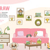 A cozy living room with a pink sofa, playful pillows, and art supplies sets the scene for drawing lessons from Schiffer Publishing, Ltd.’s KindKids Let's Draw Cute Stuff—perfect for creative step-by-step fun with your child.