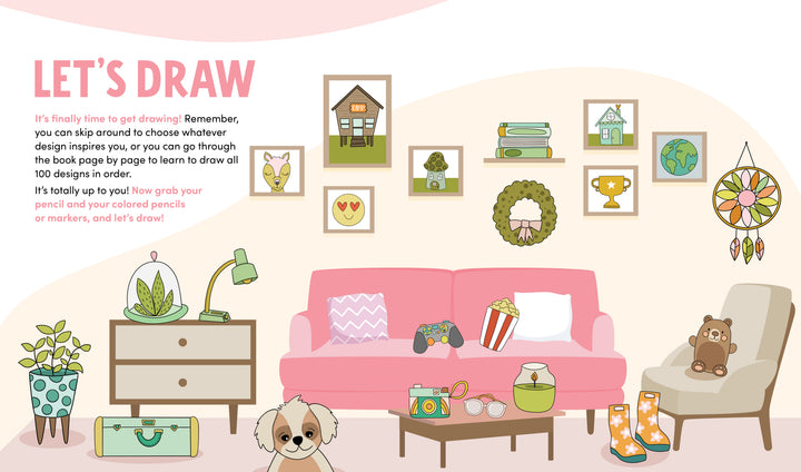 A cozy living room with a pink sofa, playful pillows, and art supplies sets the scene for drawing lessons from Schiffer Publishing, Ltd.’s KindKids Let's Draw Cute Stuff—perfect for creative step-by-step fun with your child.