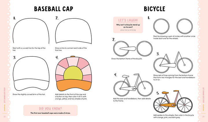 KindKids Let's Draw Cute Stuff by Schiffer Publishing, Ltd. is a step-by-step guide to drawing a baseball cap and a bicycle with easy instructions and colorful examples—ideal for cute art lessons or any kids drawing book collection.