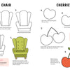 KindKids Let's Draw Cute Stuff by Schiffer Publishing, Ltd. offers step-by-step guides: 6 stages to draw and color a green armchair on the left, and 4 cute lessons for drawing two red cherries with green leaves on the right. Perfect for kids!.