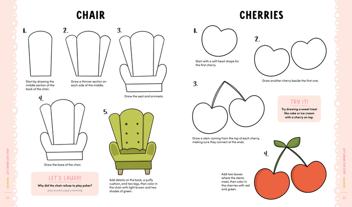 KindKids Let's Draw Cute Stuff by Schiffer Publishing, Ltd. offers step-by-step guides: 6 stages to draw and color a green armchair on the left, and 4 cute lessons for drawing two red cherries with green leaves on the right. Perfect for kids!.