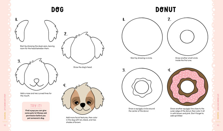 KindKids Let's Draw Cute Stuff by Schiffer Publishing, Ltd. is a step-by-step illustrated guide to drawing a cartoon dog and a donut, featuring colored examples and tips—perfect for any kids drawing book collection.