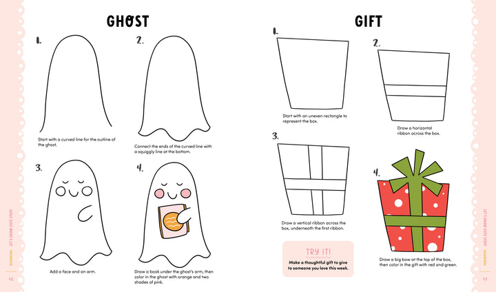 KindKids Let's Draw Cute Stuff by Schiffer Publishing, Ltd. features step-by-step guides for kids to draw a book-loving ghost and a green-ribboned red gift box, using simple shapes and clear instructions—ideal for any kids drawing book!.