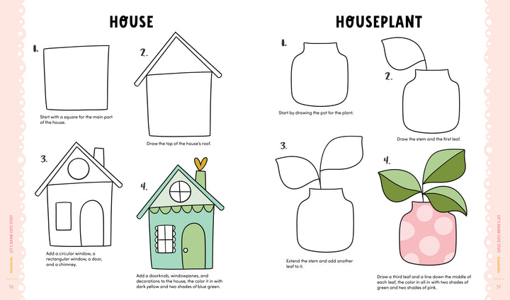 KindKids Let's Draw Cute Stuff by Schiffer Publishing, Ltd. offers four easy drawing lessons for kids to create a green house with foliage and a houseplant in a pink spotted pot—a fun addition to any children’s drawing book.