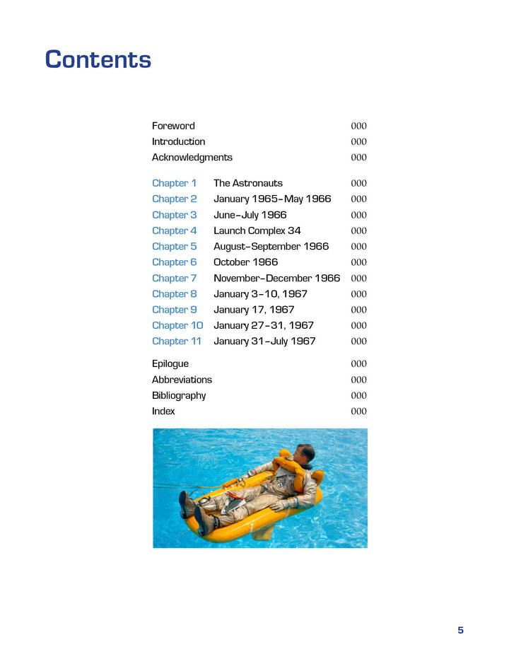 The table of contents for "Apollo 1 in Photographs" by Schiffer Publishing, Ltd. lists chapters dated 1965–1967 from the moon-landing era. At the bottom, an astronaut in an orange suit floats in a yellow raft; page 5 appears at the lower right.