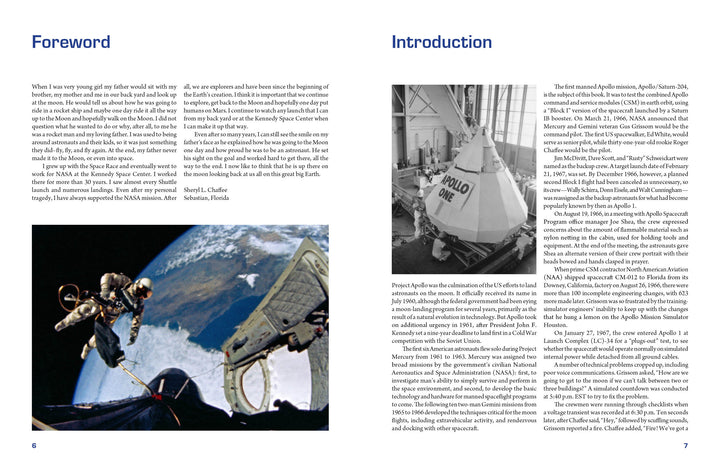 In "Apollo 1 in Photographs" by Schiffer Publishing, Ltd., the left page has a Foreword and astronaut photo above Earth; the right page features the Introduction and a black-and-white Apollo moon-landing archive image.