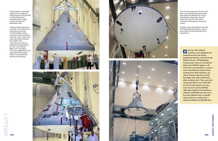 Apollo 1 in Photographs by Schiffer Publishing, Ltd. features four images of NASA engineers inspecting the Apollo 1 command module, with close-up and wide-angle views inside a bright, spacious facility.