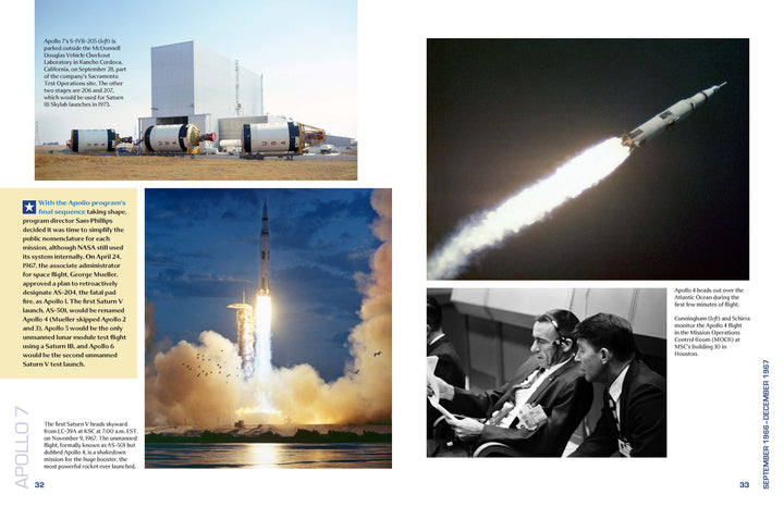 Apollo 7 in Photographs by Schiffer Publishing, Ltd. features images of the Saturn IB rocket on the launch pad, its smoke-filled launch, a close-up in flight, and suited astronauts or officials observing monitors during the mission.