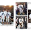 Three astronauts in white spacesuits train indoors with NASA staff. Apollo 7 crew members prepare to board a simulator, climb stairs, and exit after training. Find this scene in Schiffer Publishing, Ltd.'s Apollo 7 in Photographs.