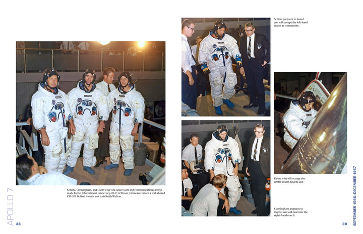Three astronauts in white spacesuits train indoors with NASA staff. Apollo 7 crew members prepare to board a simulator, climb stairs, and exit after training. Find this scene in Schiffer Publishing, Ltd.'s Apollo 7 in Photographs.