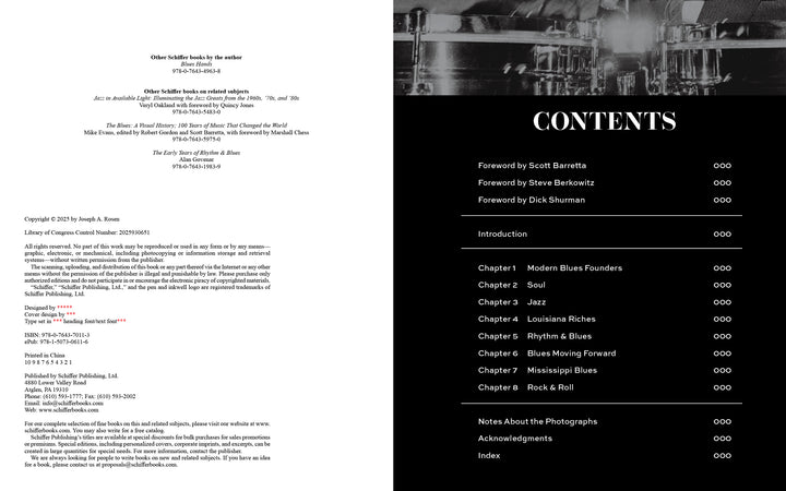 The left page displays publishing and copyright info for Inside the Moment by Schiffer Publishing, Ltd. The right page shows a table of contents with chapters on blues and American music, set on black with a grayscale photo above.