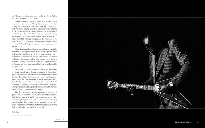 Inside the Moment by Schiffer Publishing, Ltd. captures blues legend Albert King playing his Flying V guitar in a black and white photo—a powerful portrayal of American music history illuminated on stage.