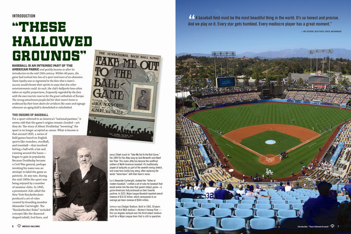 A two-page spread from America's Ballparks by Schiffer Publishing, Ltd.: the left page highlights baseball history with text and vintage photos; the right features a vivid Dodger Stadium scene filled with fans on a sunny day.