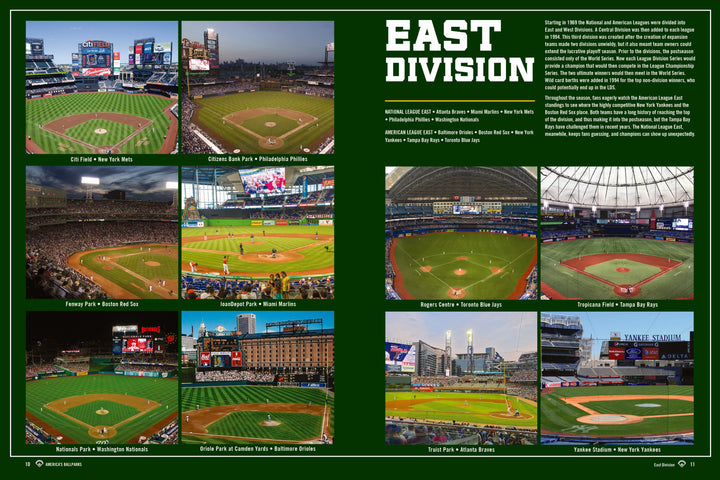 America's Ballparks by Schiffer Publishing, Ltd. features a collage of aerial, field, and grandstand views of eight NL East stadiums with text on a green background celebrating baseball history and iconic ballparks.