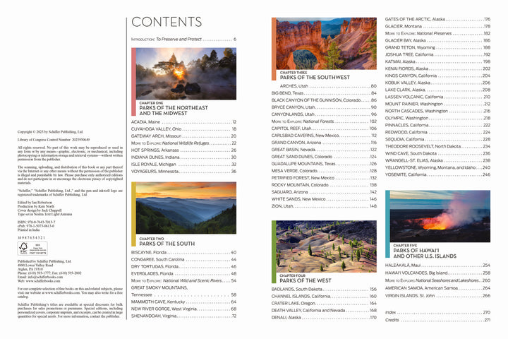 The Complete Guide to America's National Parks by Schiffer Publishing, Ltd. features a regional table of contents with park names, chapters, page numbers in columns, plus scenic park photos—ideal for travel planning and inspiration.