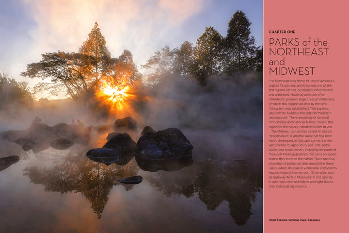 A golden sunrise shimmers over a misty river with rocks and trees. On the right, a text box reads, "The Complete Guide to America's National Parks," by Schiffer Publishing, Ltd., introducing this comprehensive travel guide.