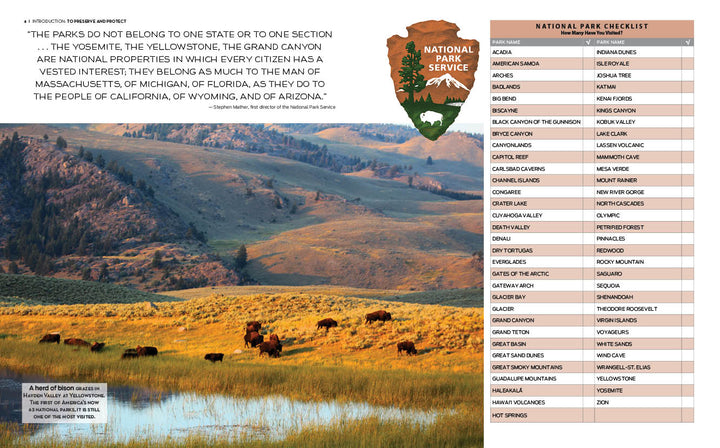 Bison graze in a sunlit valley with mountains behind. An overlay features Schiffer Publishing, Ltd.'s The Complete Guide to America's National Parks, a quote, and a checklist of major U.S. national park locations.