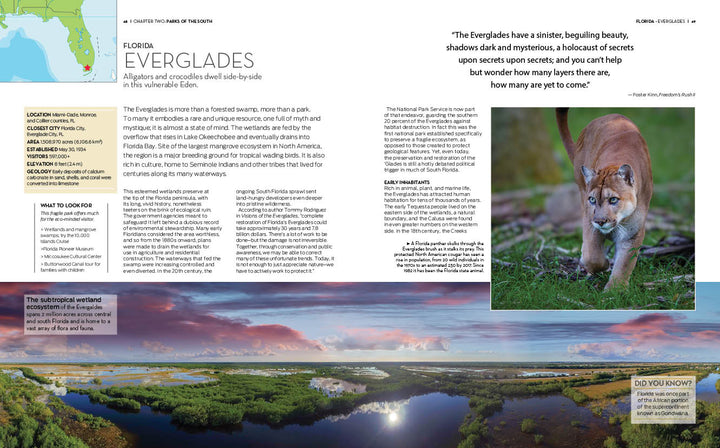 A spread in The Complete Guide to America's National Parks by Schiffer Publishing, Ltd. showcases Florida’s Everglades with vivid text, a photo of a panther in tall grass, and a sweeping sunset landscape—an inspiring travel feature.