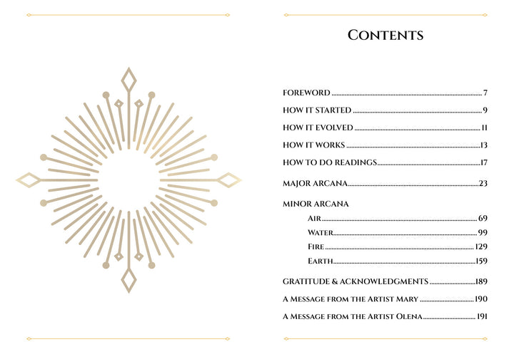The Ukrainian Tarot by Schiffer Publishing, Ltd. features a table of contents with a geometric sunburst design and sections on arcana, elements, artist messages, and Slavic spiritual heritage alongside chapters and page numbers.