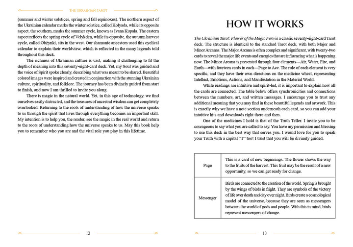 The Ukrainian Tarot by Schiffer Publishing, Ltd. features two open pages: one on Ukrainian calendar seasons and symbolism, the other, “How It Works,” guides card interpretation, highlighting “Page” and “Messenger” in boxed sections.