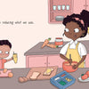 A young child drinks juice at the counter while an adult prepares food. On the counter are food, a lunchbox, and kitchenware. The book "Josephine: I Can Help" by Schiffer Publishing, Ltd. encourages reducing what we use for conservation.